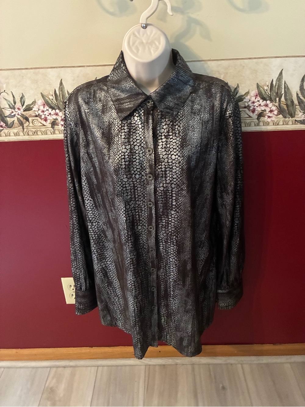 Chico's Metallic Snake-Print Button Down Shirt - Black/Silver